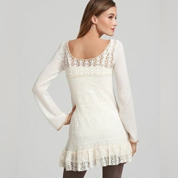 Free People Ivory Open Knit Ruffle Lace Long Sleeve Sweater Tunic Mini Dress - Picture 2 of 9